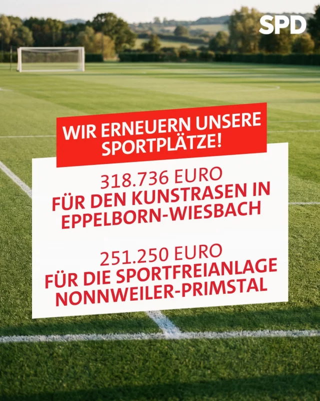 Gute Nachrichten für den Sport in Eppelborn & Nonnweiler! ️🥇🏃‍♀️

Dank Bundesförderung werden zwei Kunstrasenplätze saniert — mehr Platz für Training, Teamgeist und die Talente von morgen. 🌱👏

⚽ 318.736 € für neuen Kunstrasen in Wiesbach, Eppelborn 
⚽ 251.250 € für die Sportfreianlage in Primstal, Nonnweiler
Funktionstüchtige Sportanlagen stärken Gesundheit, Gemeinschaft und Chancen für Kinder & Jugendliche. 

Die Vereine und Kommunen haben viel Arbeit mit den Anträgen gehabt und deshalb freue ich mich sehr, dass dieser Einsatz erfolgreich war!

#Sportförderung #Kunstrasen #Eppelborn #Nonnweiler