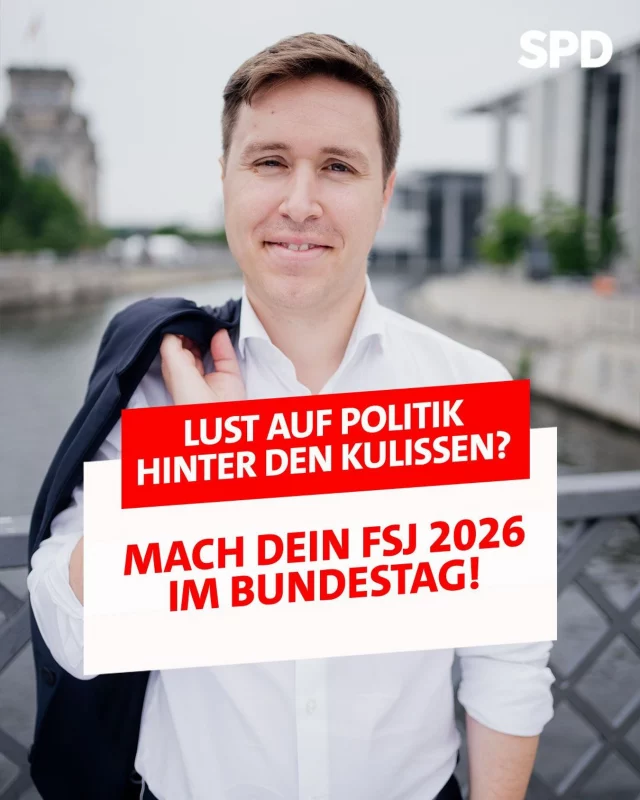 Du träumst davon, echte Politik zu erleben? Ich habe einen Platz für dich!

Mach ein Freiwilliges Soziales Jahr in der Politik— ab September in Berlin. Du packst an, lernst die parlamentarische Arbeit kennen und arbeitest an Themen wie Bau und Wohnen, Klima- und Umweltpolitik, Landwirtschaft, Ernährung und Heimat.
 
Deine Voraussetzungen: 
✅ 18–26 Jahre alt
✅ Lust auf Politik
✅ Fit in MS Office und Social Media
✅ Kommst aus: Saarpfalz-Kreis, Friedrichsthal, Sulzbach/Saar, Gemeinde Quierschied, Neunkirchen, Gemeinde Spiesen-Elversberg
✅ Schulabschluss
Interessiert? Motivationsschreiben + Lebenslauf bis 05. Juli an esra.limbacher@bundestag.de
Los geht’s! 🚀