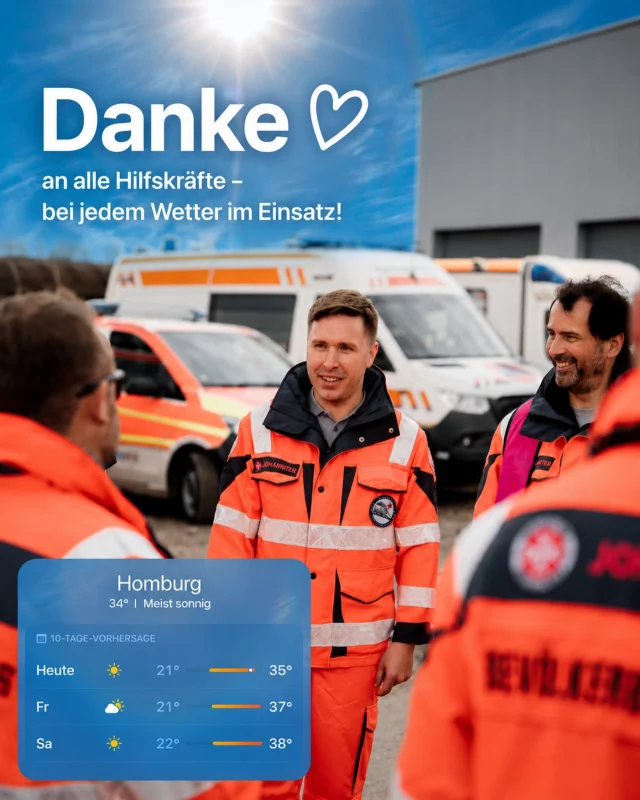 ☀️🌡️Danke!
Über 35 Grad – und trotzdem sind sie für uns im Einsatz.

Mein Dank gilt allen Einsatzkräften von Feuerwehr, Polizei, Rettungsdienst, THW und den Hilfsorganisationen. Sie sorgen auch bei extremer Hitze für unsere Sicherheit und Gesundheit – oft unter schwierigsten Bedingungen.

Aber auch wir alle können helfen: Achtet auf eure Mitmenschen. Fragt nach, ob ältere Menschen, Nachbarn oder Alleinlebende Unterstützung brauchen. Ein Glas Wasser, ein kurzer Besuch oder ein Anruf können viel bewirken.

Danke an alle, die Verantwortung übernehmen – im Einsatz und im Alltag. ❤️

#Danke #Einsatzkräfte #Feuerwehr #Polizei #Rettungsdienst THW Hitze Ehrenamt