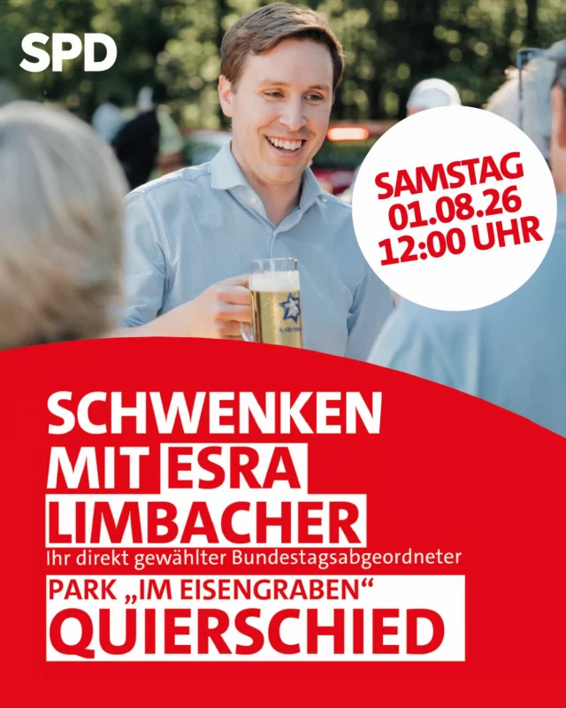 Schwenken, sprochen, zusammenkommen. 😊☀️

Nicht ohne Grund gehört das Schwenken zu unserem immateriellen Kulturerbe: Es bringt Menschen zusammen. Man kommt ins Gespräch, isst gemeinsam und verbringt einfach eine gute Zeit miteinander.

Genau dazu lade ich Euch herzlich ein. Lasst uns gemeinsam schwenken, sprochen und ein paar schöne Stunden verbringen.

📍 Park „Im Eisengraben“, Quierschied
🗓️ Samstag, 1. August
🕛 12:00 Uhr

Ich freue mich auf viele gute Gespräche, leckeres Essen und vor allem auf Euch. Kommt vorbei!

#SchwenkenMitEsra #Quierschied #Saarland #Gemeinschaft #SPD